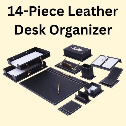 136 14-Piece Leather Desk Organizer Set, 49x34 cm Desk Pad, Double Document Tray, Pen Holder, Business Card Holder, Phone Stand, Black with Gold Accents - Image 1