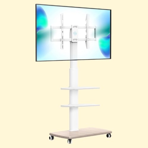153 FITUEYES White TV Stand with Wheels and Wooden Base for 32 to 65 inch LCD LED Flat and Curved Screens, 3 Tier Mobile TV Cart with Swivel 60 Degree, Max VESA 600x400mm TT306504WW - Image 1