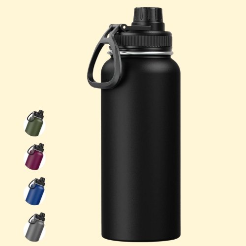 171 Water Bottle 18/8 Stainless Steel Double Wall Vaccum Insulated Thermos Bottle with Spout Lid Wide Mouth Hot Cold Drink hydroflask for Sports Travel Kids School Gym Office (BLACK, 1000ML) - Image 1