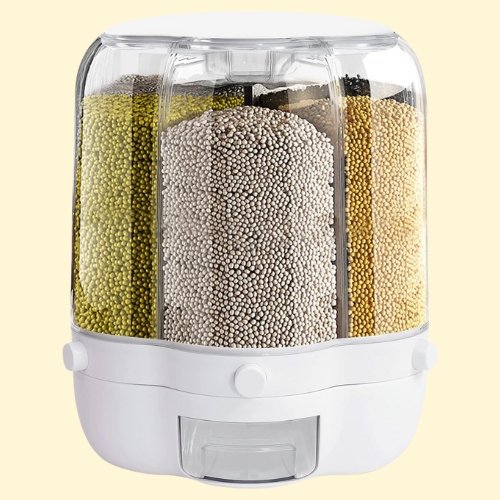 PIOJNYEN Grain Dispenser, 360° Rotating Grain Storage Food Dispenser with Lid Moisture Resistant Household, Upgrade 6 Compartment Rotating Rice Dispenser Storage Container for Small Grains, Beans