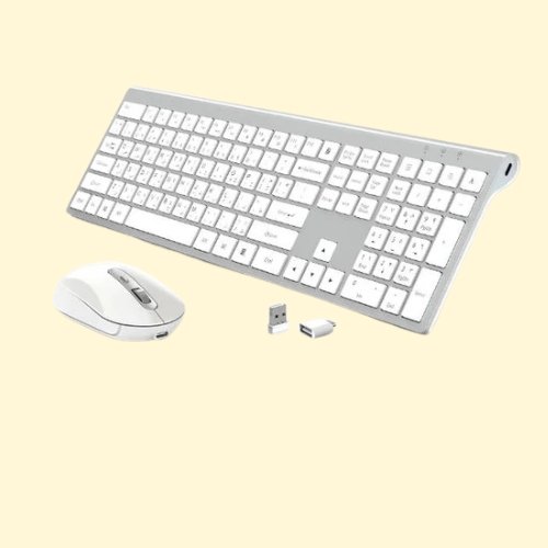 CREATMOR wireless keyboard and mouse, Full Size Rechargeable Wireless keyboard with Number Pad, White/ Silver