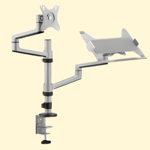 LMTR41 Navodesk Control Monitor Arm Model L with Laptop Tray - Dual Monitor Stand for 17" to 32" Screens & 11.6" to 17.3" Laptops - Ergonomic and Space-Saving Design, Silver - Image 1